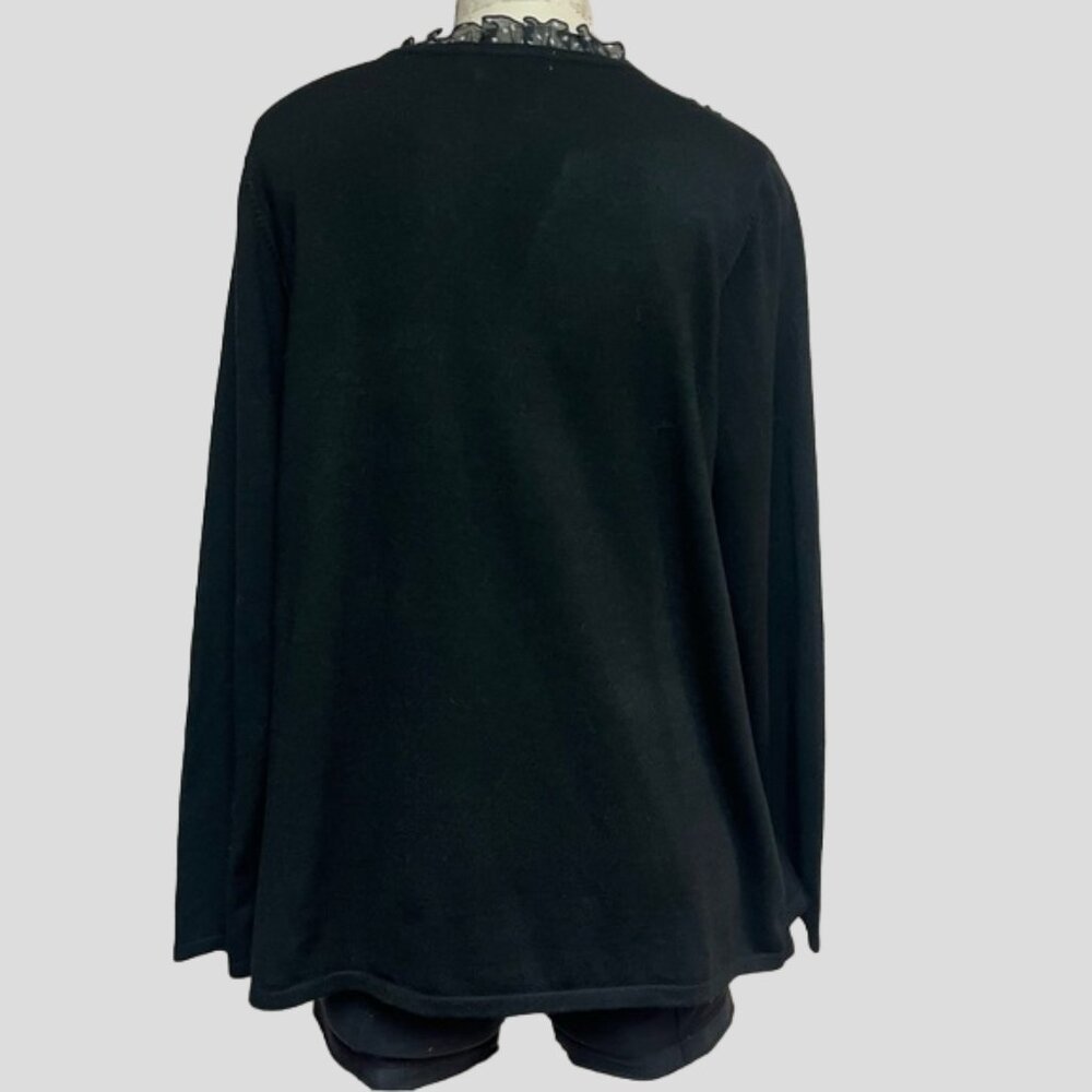 Laura Petites Black One Button Cardigan Sweater With Roses & Ruffles - Picture 2 of 11